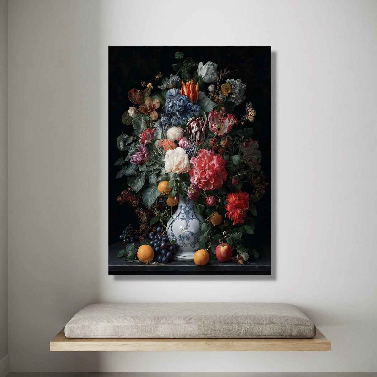 Classic Still Life Floral Bouquet Canvas, Vintage Vase Wall Art, Colorful Flowers and Fruit, Elegant Home Decoration Canvas Print Art