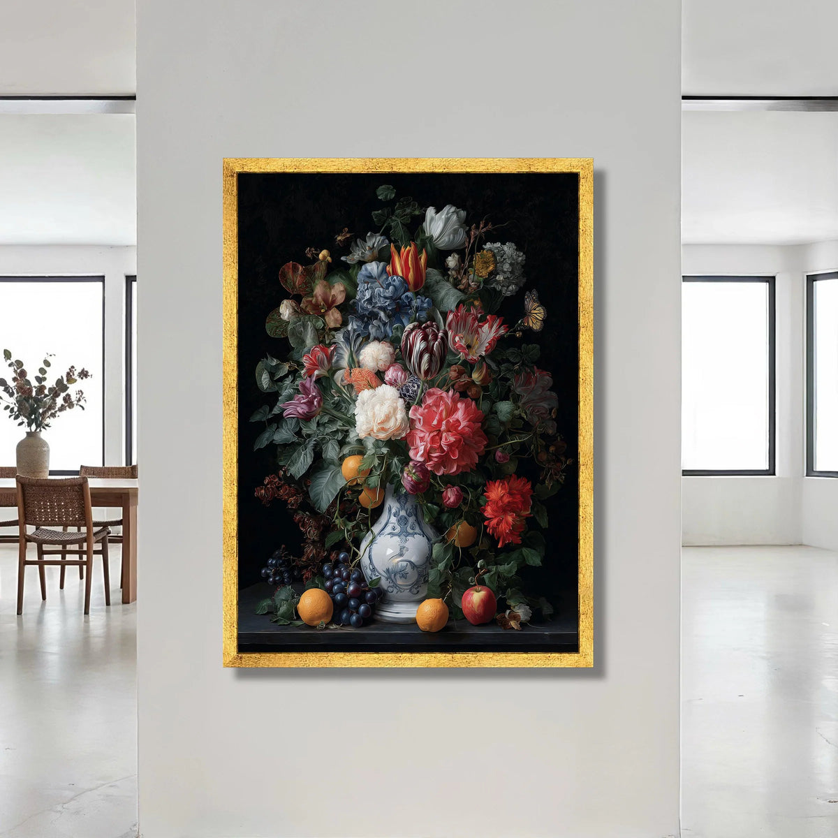 Classic Still Life Floral Bouquet Canvas, Vintage Vase Wall Art, Colorful Flowers and Fruit, Elegant Home Decoration Canvas Print Art