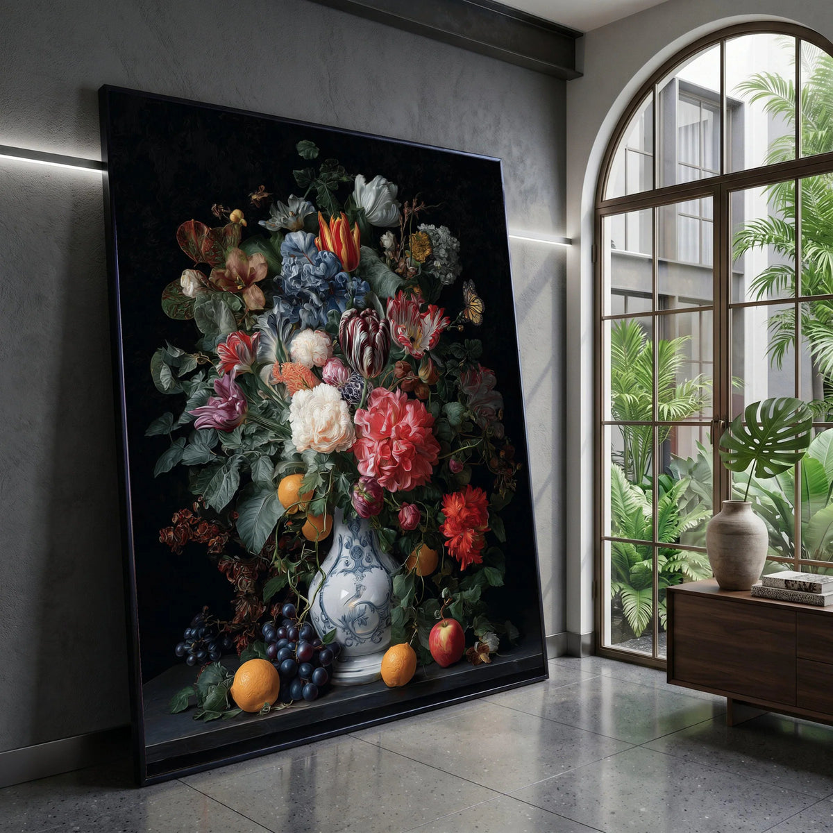 Classic Still Life Floral Bouquet Canvas, Vintage Vase Wall Art, Colorful Flowers and Fruit, Elegant Home Decoration Canvas Print Art
