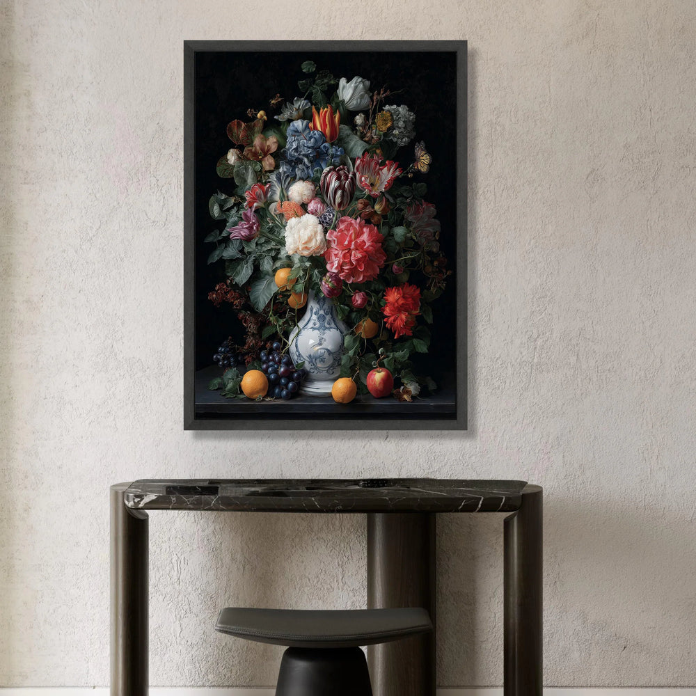 Classic Still Life Floral Bouquet Canvas, Vintage Vase Wall Art, Colorful Flowers and Fruit, Elegant Home Decoration Canvas Print Art