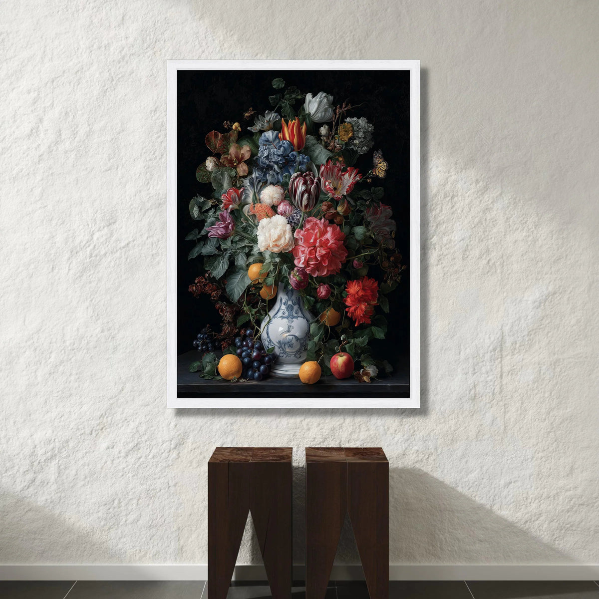 Classic Still Life Floral Bouquet Canvas, Vintage Vase Wall Art, Colorful Flowers and Fruit, Elegant Home Decoration Canvas Print Art