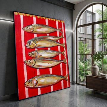 Vibrant Fish Arrangement Canvas, Red Striped Background Wall Art, Nautical Home Decor, Modern Coastal Canvas, Ready to Hang Canvas Print Art