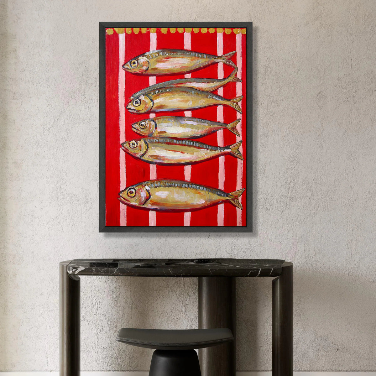Vibrant Fish Arrangement Canvas, Red Striped Background Wall Art, Nautical Home Decor, Modern Coastal Canvas, Ready to Hang Canvas Print Art