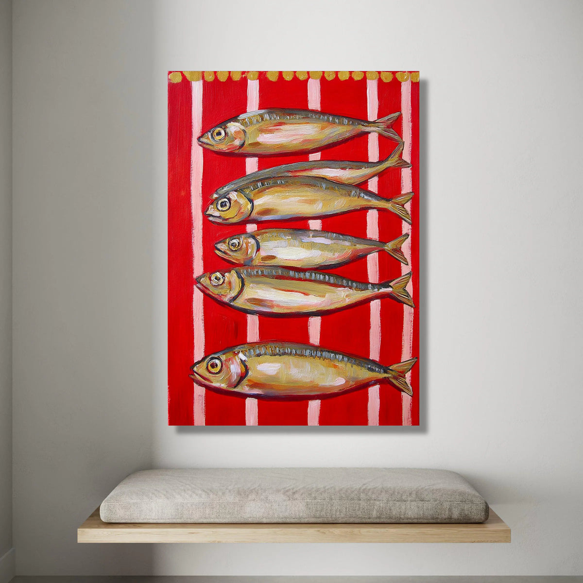 Vibrant Fish Arrangement Canvas, Red Striped Background Wall Art, Nautical Home Decor, Modern Coastal Canvas, Ready to Hang Canvas Print Art