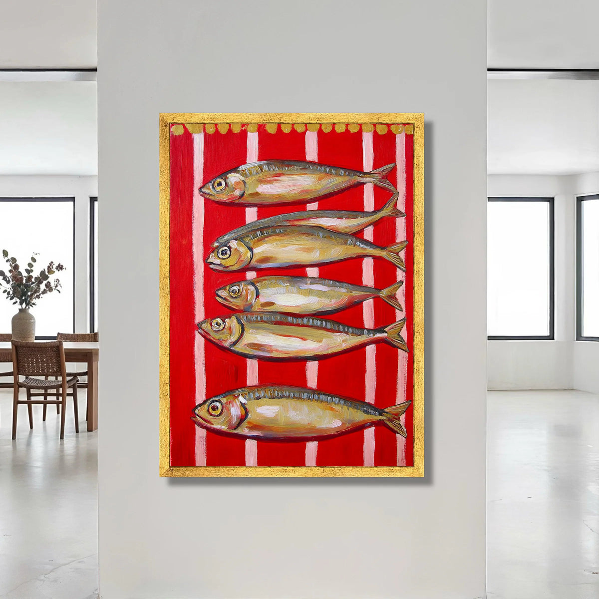 Vibrant Fish Arrangement Canvas, Red Striped Background Wall Art, Nautical Home Decor, Modern Coastal Canvas, Ready to Hang Canvas Print Art