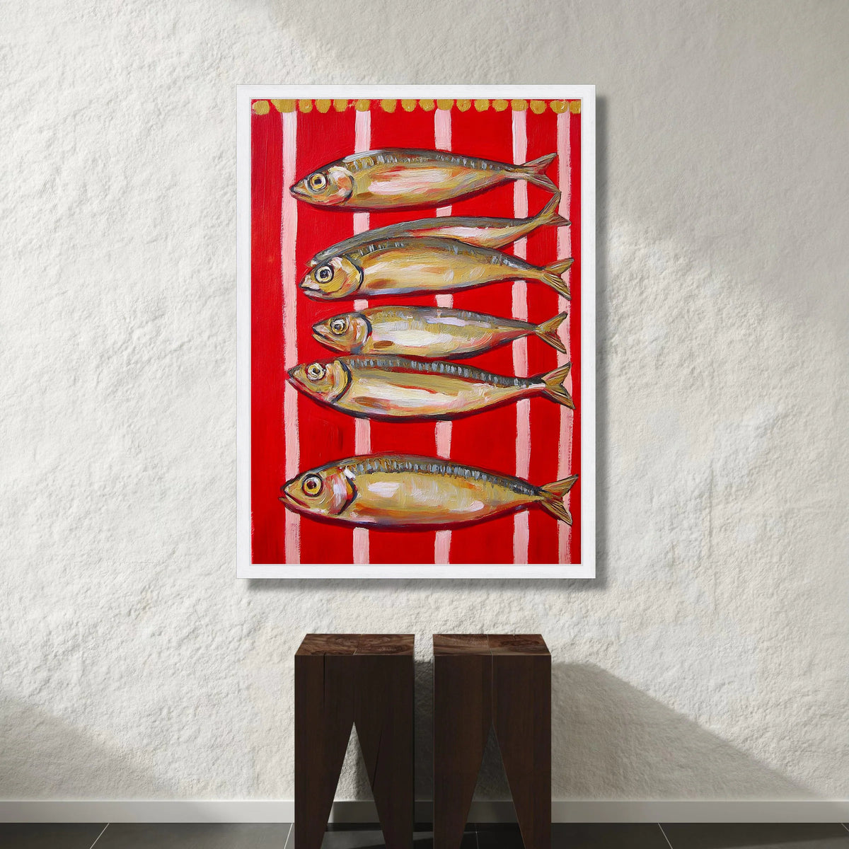 Vibrant Fish Arrangement Canvas, Red Striped Background Wall Art, Nautical Home Decor, Modern Coastal Canvas, Ready to Hang Canvas Print Art