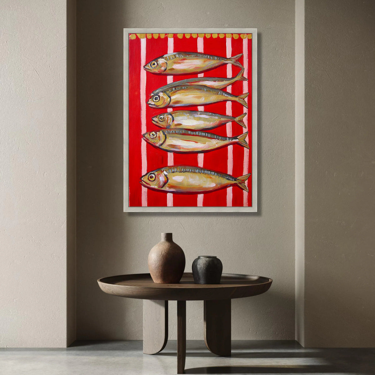 Vibrant Fish Arrangement Canvas, Red Striped Background Wall Art, Nautical Home Decor, Modern Coastal Canvas, Ready to Hang Canvas Print Art