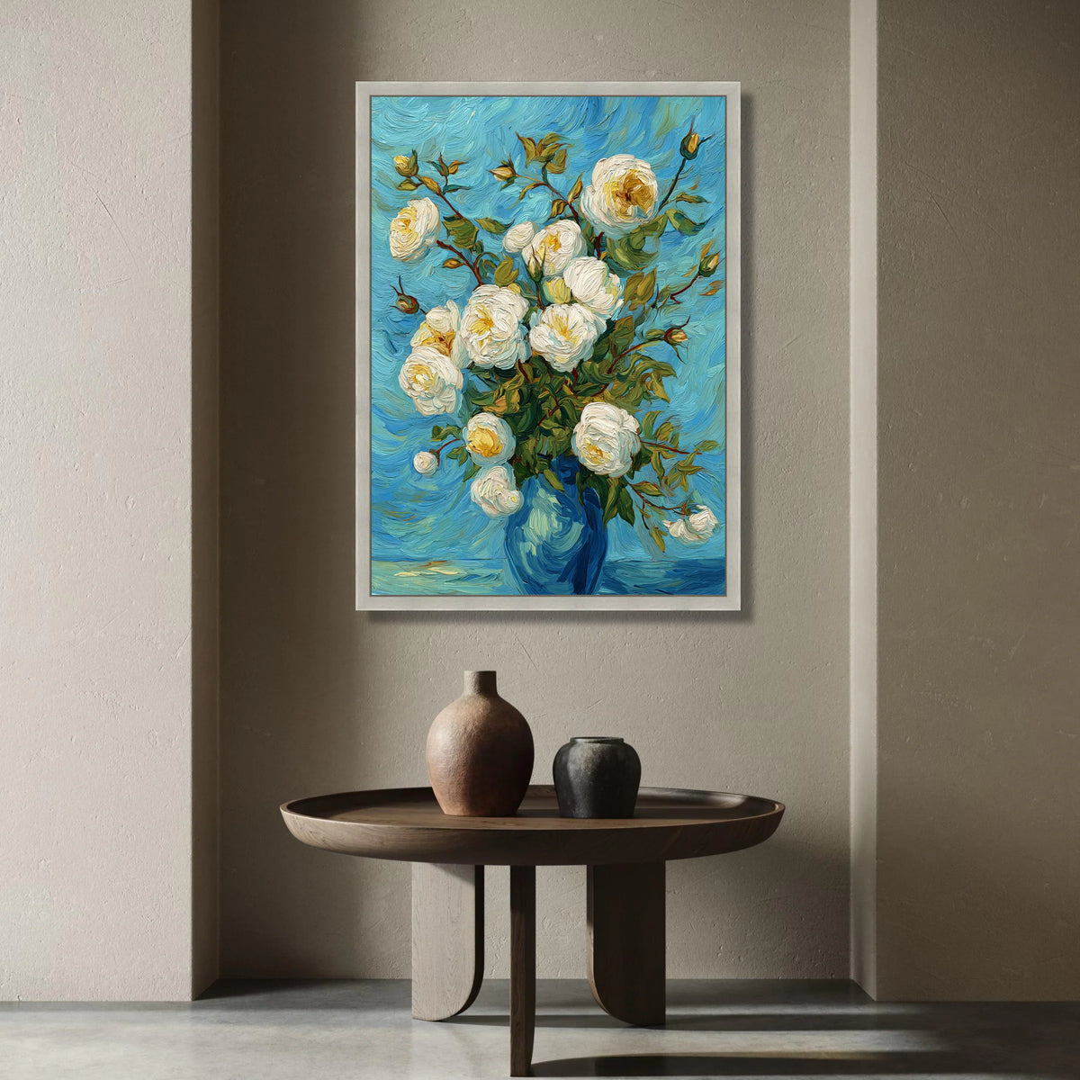 Elegant White Roses Bouquet Canvas, Blue Vase Floral Wall Art, Seasonal Flower Canvas, Classic Blossom Decoration, Ready to Canvas Print Art