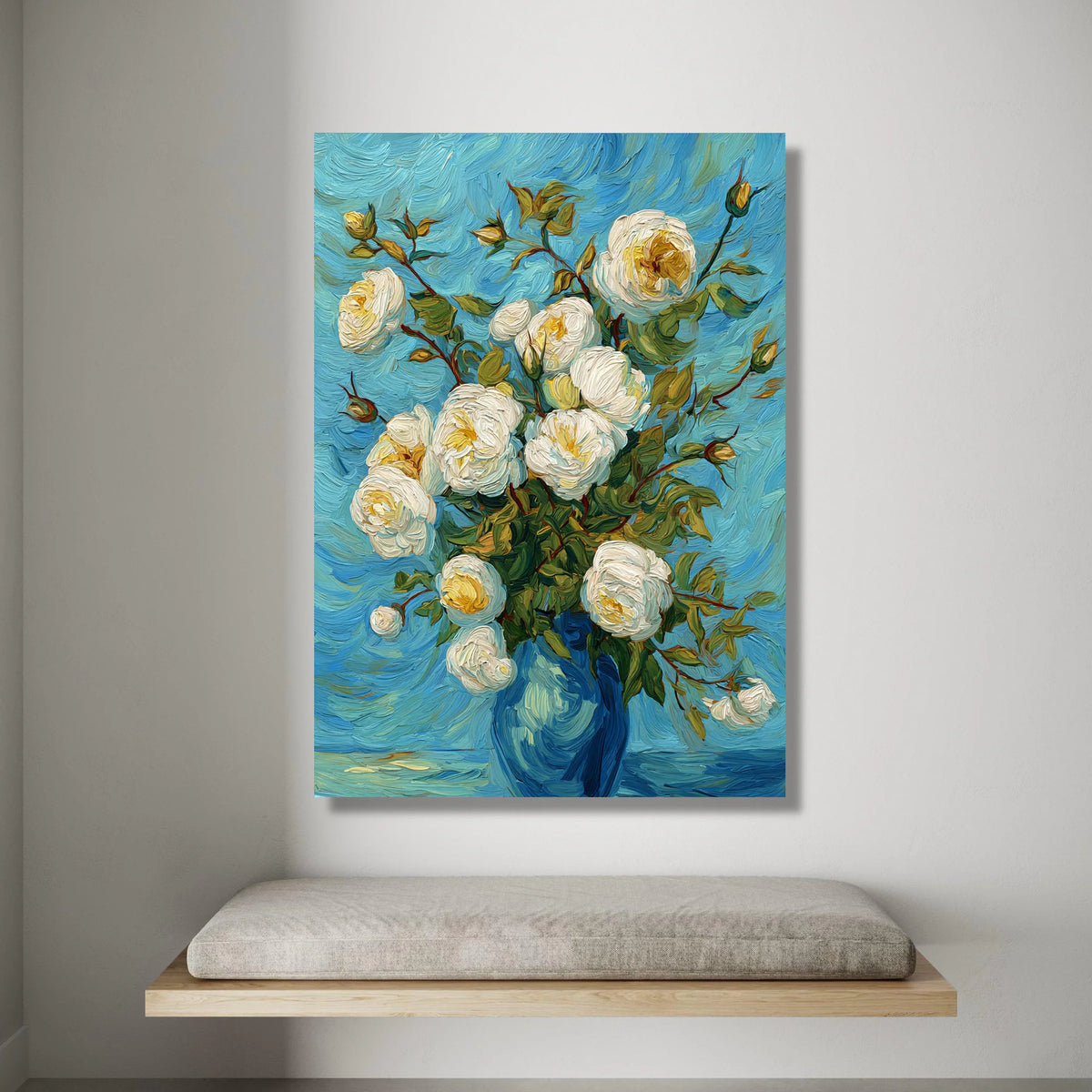 Elegant White Roses Bouquet Canvas, Blue Vase Floral Wall Art, Seasonal Flower Canvas, Classic Blossom Decoration, Ready to Canvas Print Art