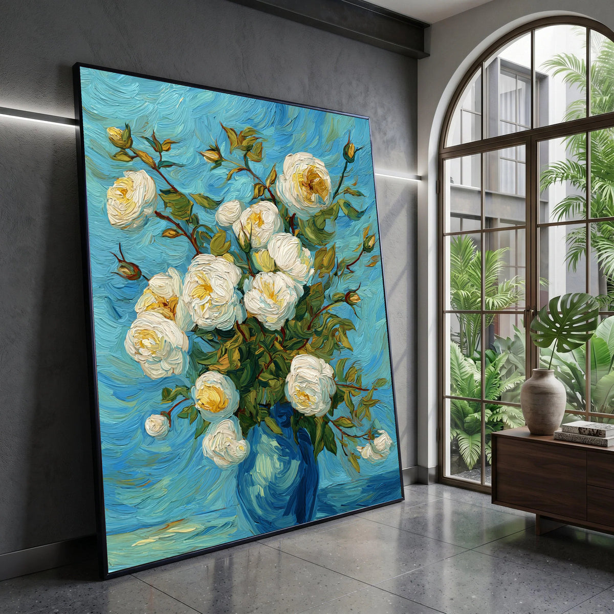 Elegant White Roses Bouquet Canvas, Blue Vase Floral Wall Art, Seasonal Flower Canvas, Classic Blossom Decoration, Ready to Canvas Print Art