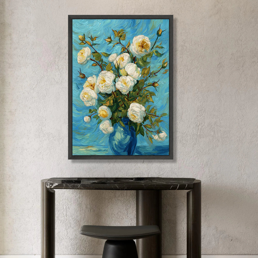 Elegant White Roses Bouquet Canvas, Blue Vase Floral Wall Art, Seasonal Flower Canvas, Classic Blossom Decoration, Ready to Canvas Print Art