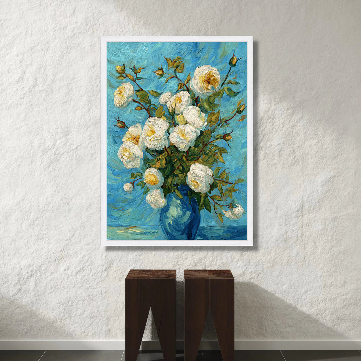 Elegant White Roses Bouquet Canvas, Blue Vase Floral Wall Art, Seasonal Flower Canvas, Classic Blossom Decoration, Ready to Canvas Print Art