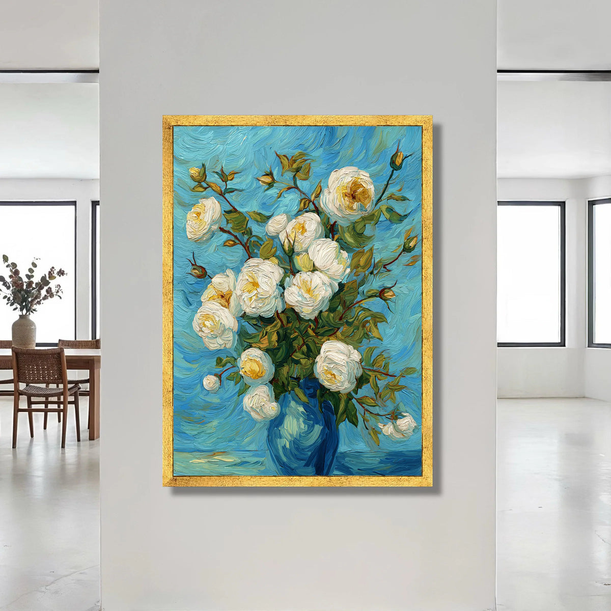 Elegant White Roses Bouquet Canvas, Blue Vase Floral Wall Art, Seasonal Flower Canvas, Classic Blossom Decoration, Ready to Canvas Print Art