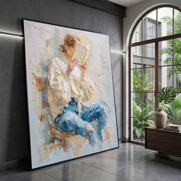 Cozy Reading Moment Canvas, Woman with Book Art, Relaxed Home Decor, Casual Lifestyle Canvas, Contemporary Wall Art Canvas Print Art