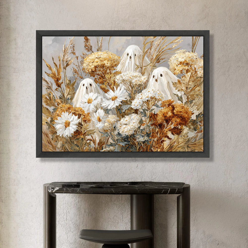 Whimsical Autumn Floral Ghosts Canvas, Fall Bouquet Wall Art, Spooky Seasonal Decoration, Harvest Theme Canvas, Halloween Canvas Print Art