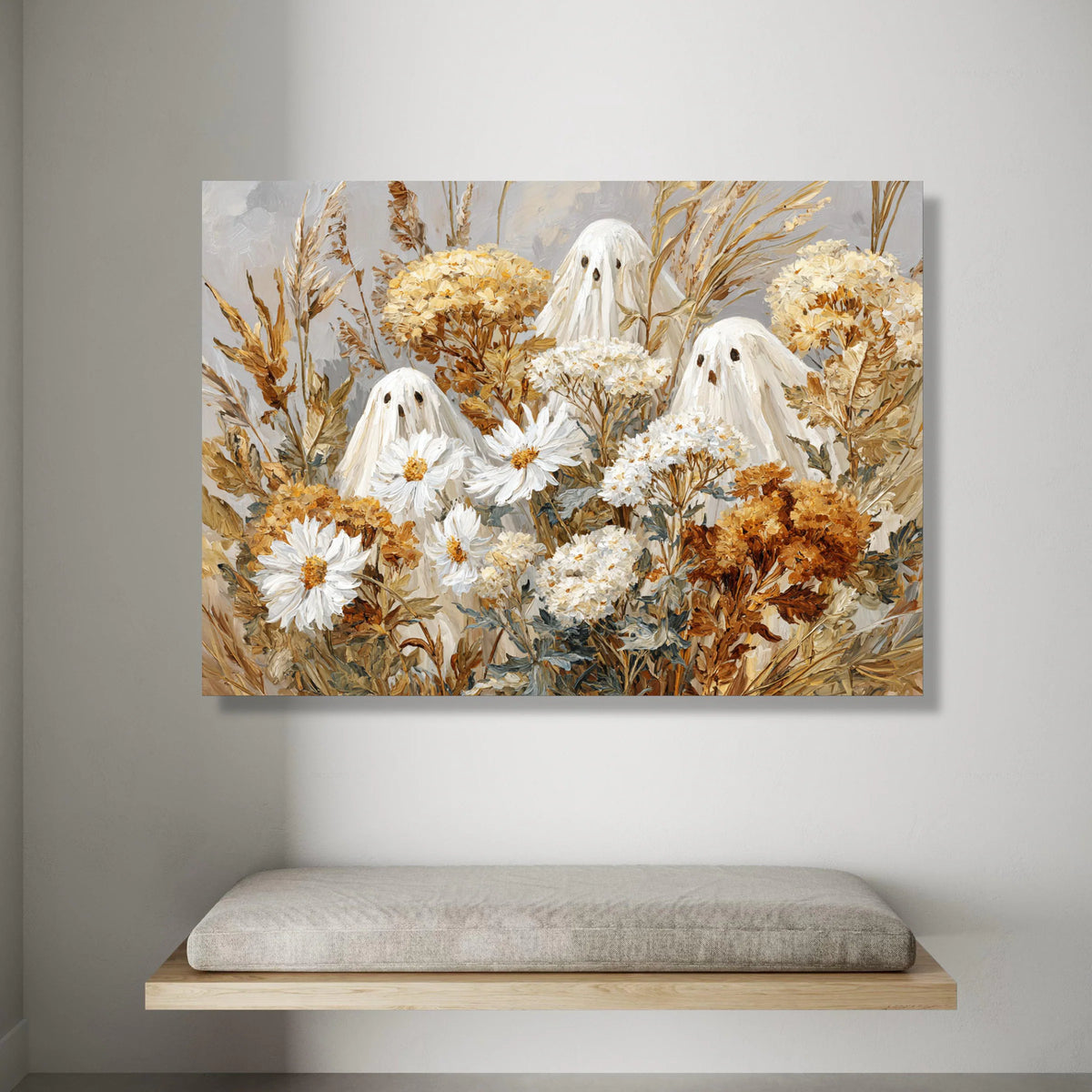 Whimsical Autumn Floral Ghosts Canvas, Fall Bouquet Wall Art, Spooky Seasonal Decoration, Harvest Theme Canvas, Halloween Canvas Print Art