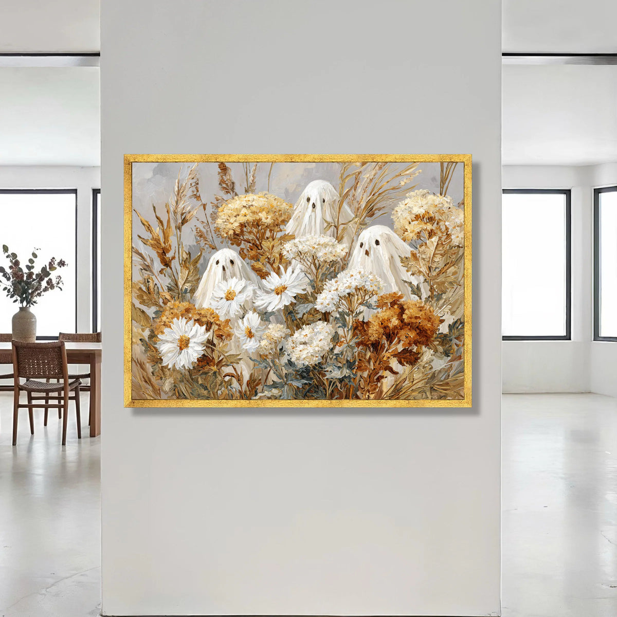 Whimsical Autumn Floral Ghosts Canvas, Fall Bouquet Wall Art, Spooky Seasonal Decoration, Harvest Theme Canvas, Halloween Canvas Print Art