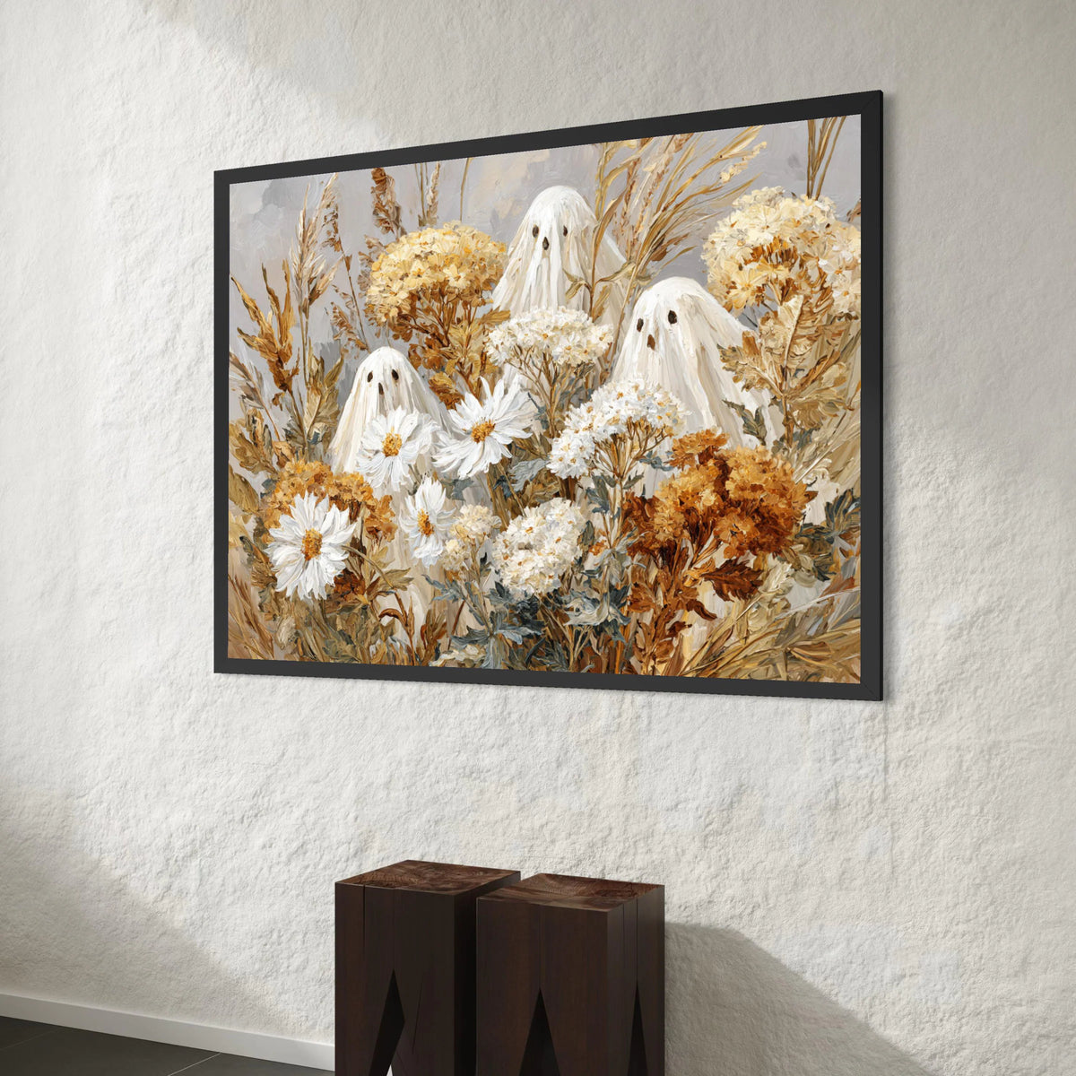 Whimsical Autumn Floral Ghosts Canvas, Fall Bouquet Wall Art, Spooky Seasonal Decoration, Harvest Theme Canvas, Halloween Canvas Print Art