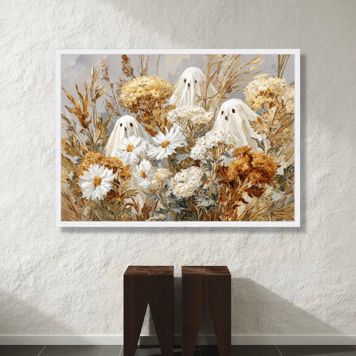 Whimsical Autumn Floral Ghosts Canvas, Fall Bouquet Wall Art, Spooky Seasonal Decoration, Harvest Theme Canvas, Halloween Canvas Print Art