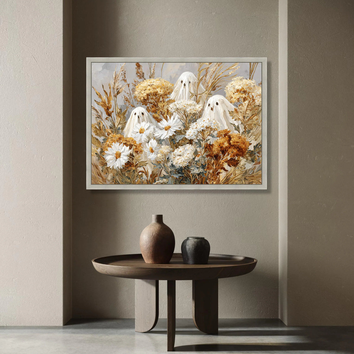 Whimsical Autumn Floral Ghosts Canvas, Fall Bouquet Wall Art, Spooky Seasonal Decoration, Harvest Theme Canvas, Halloween Canvas Print Art