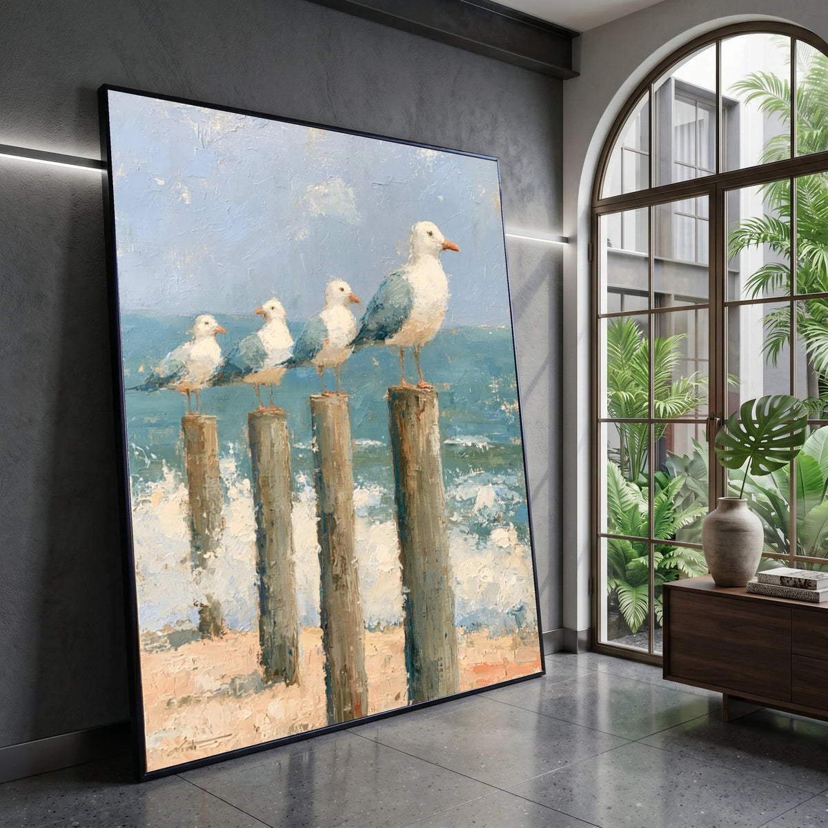 Coastal Seagulls on Wooden Posts Canvas, Ocean Beach Scene, Seaside Wall Art, Nautical Home Decoration, Beach Vibes Canvas Canvas Print Art