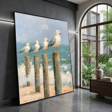 Coastal Seagulls on Wooden Posts Canvas, Ocean Beach Scene, Seaside Wall Art, Nautical Home Decoration, Beach Vibes Canvas Canvas Print Art