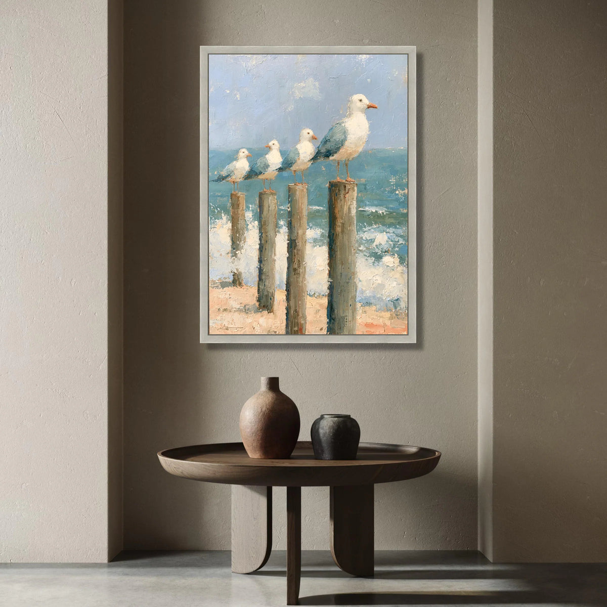 Coastal Seagulls on Wooden Posts Canvas, Ocean Beach Scene, Seaside Wall Art, Nautical Home Decoration, Beach Vibes Canvas Canvas Print Art