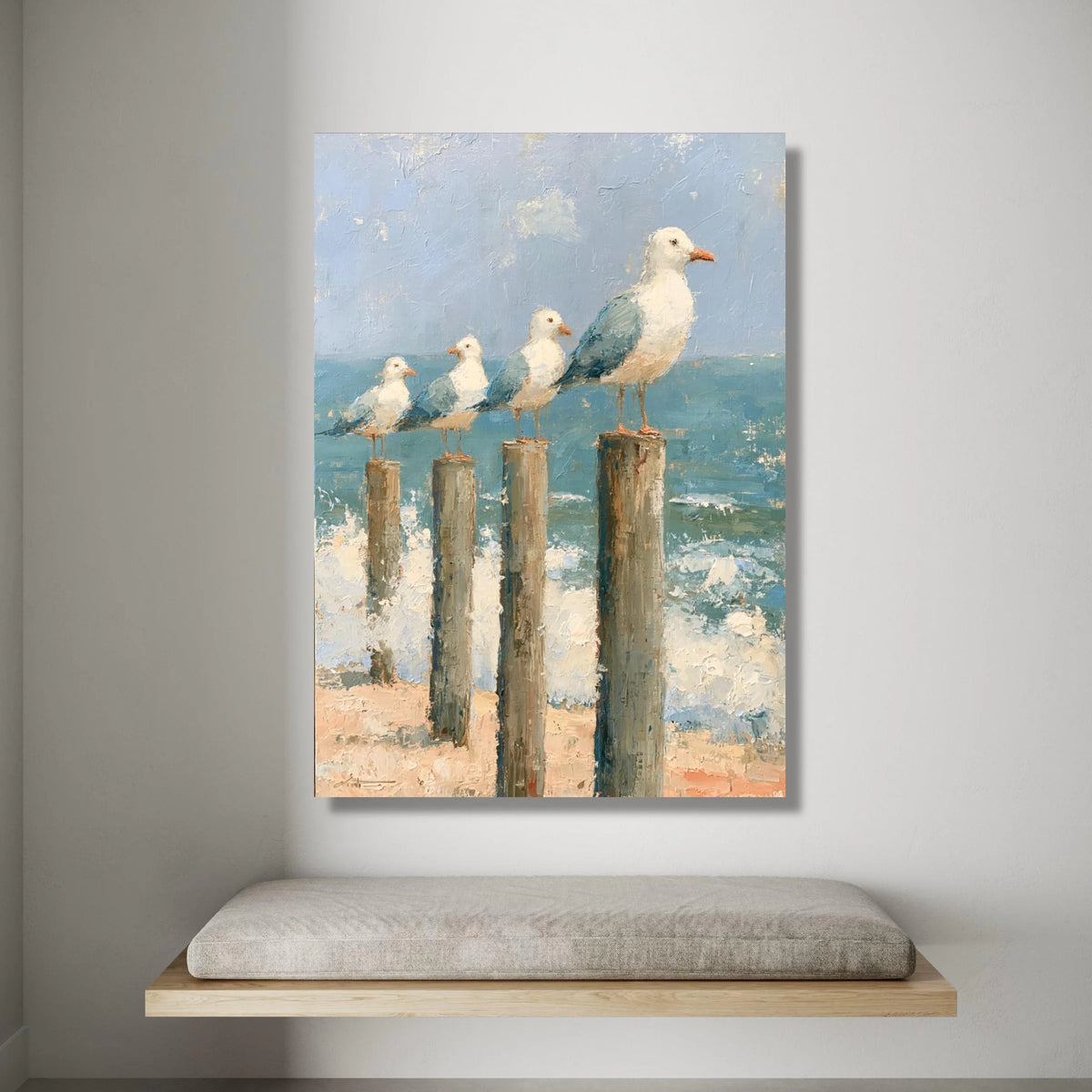 Coastal Seagulls on Wooden Posts Canvas, Ocean Beach Scene, Seaside Wall Art, Nautical Home Decoration, Beach Vibes Canvas Canvas Print Art