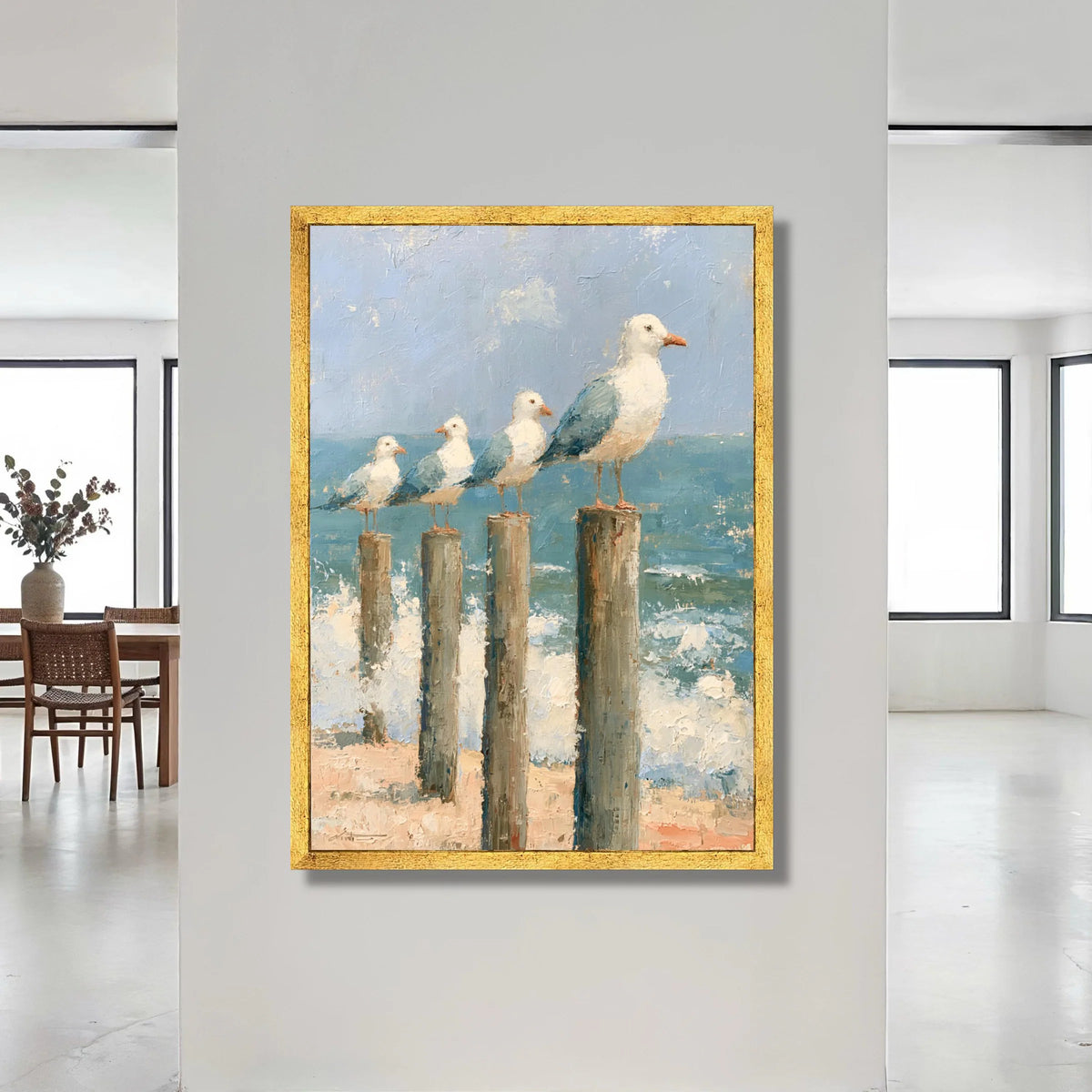 Coastal Seagulls on Wooden Posts Canvas, Ocean Beach Scene, Seaside Wall Art, Nautical Home Decoration, Beach Vibes Canvas Canvas Print Art