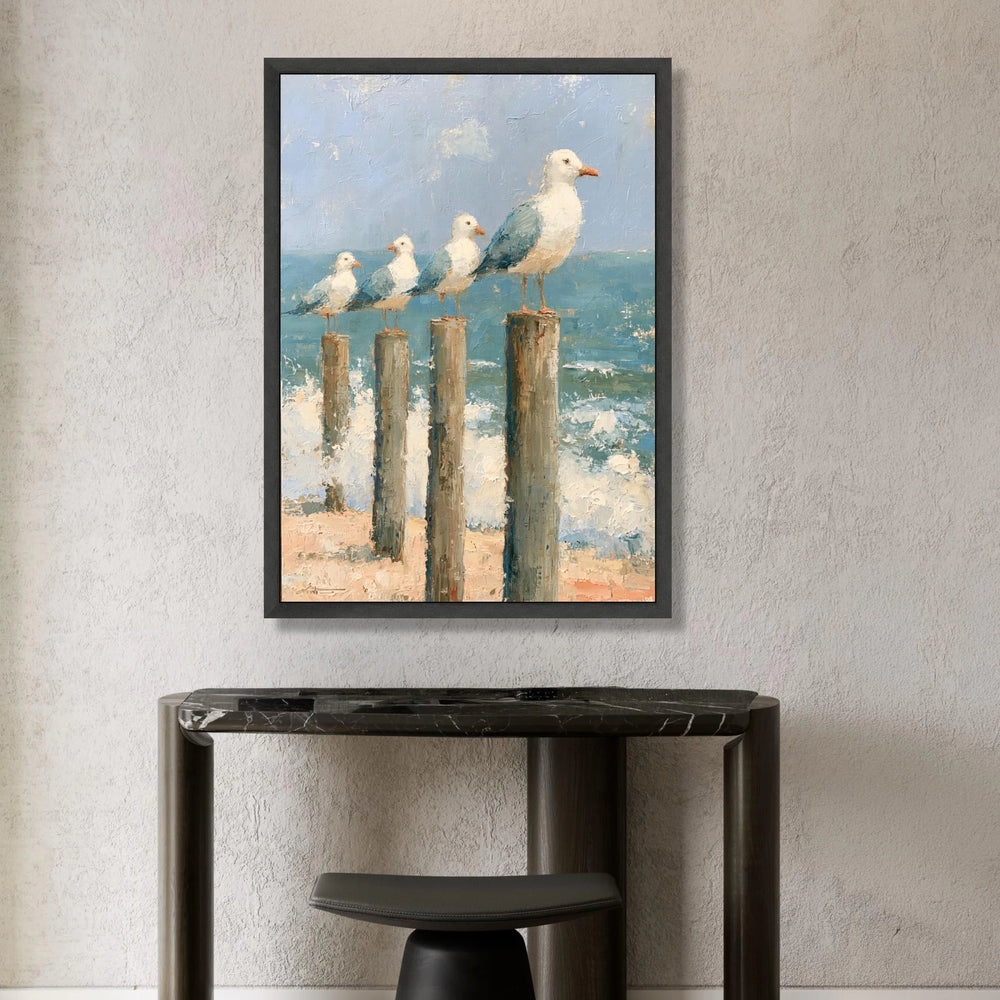Coastal Seagulls on Wooden Posts Canvas, Ocean Beach Scene, Seaside Wall Art, Nautical Home Decoration, Beach Vibes Canvas Canvas Print Art