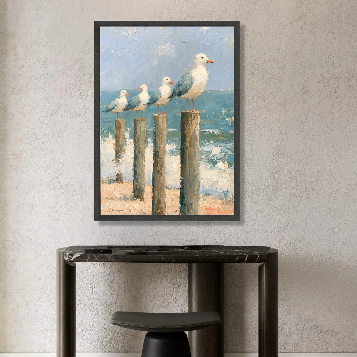 Coastal Seagulls on Wooden Posts Canvas, Ocean Beach Scene, Seaside Wall Art, Nautical Home Decoration, Beach Vibes Canvas Canvas Print Art