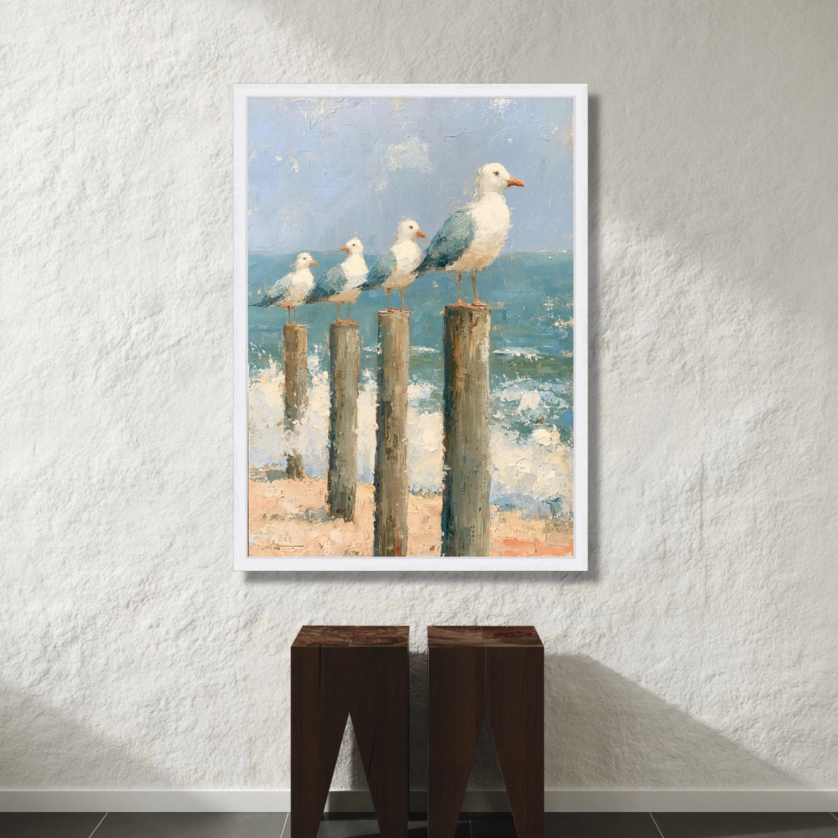 Coastal Seagulls on Wooden Posts Canvas, Ocean Beach Scene, Seaside Wall Art, Nautical Home Decoration, Beach Vibes Canvas Canvas Print Art