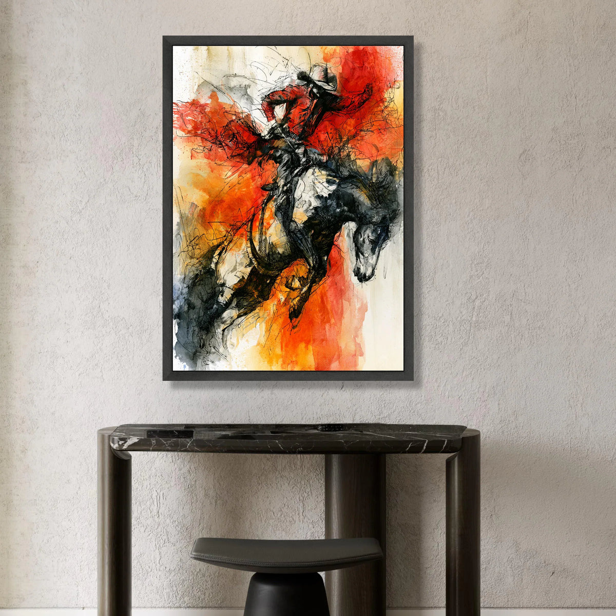 Dynamic Rodeo Rider Canvas Wall Art, Western Cowboy Horse Illustration, Bold Red Orange Abstract Art, Energetic Home Canvas Print Art