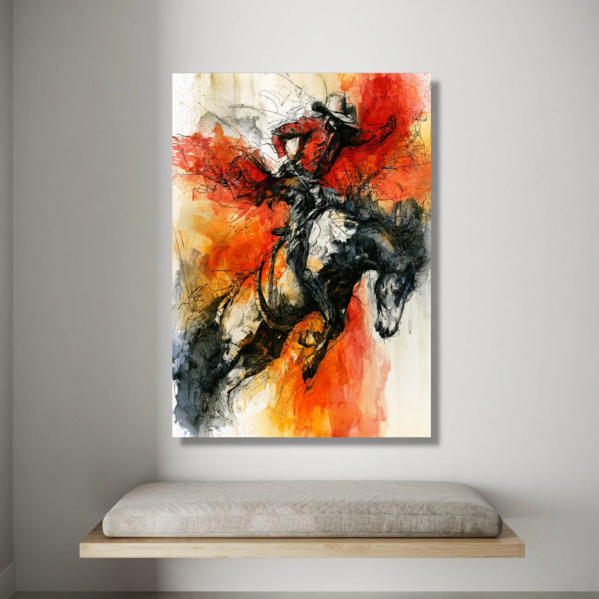 Dynamic Rodeo Rider Canvas Wall Art, Western Cowboy Horse Illustration, Bold Red Orange Abstract Art, Energetic Home Canvas Print Art