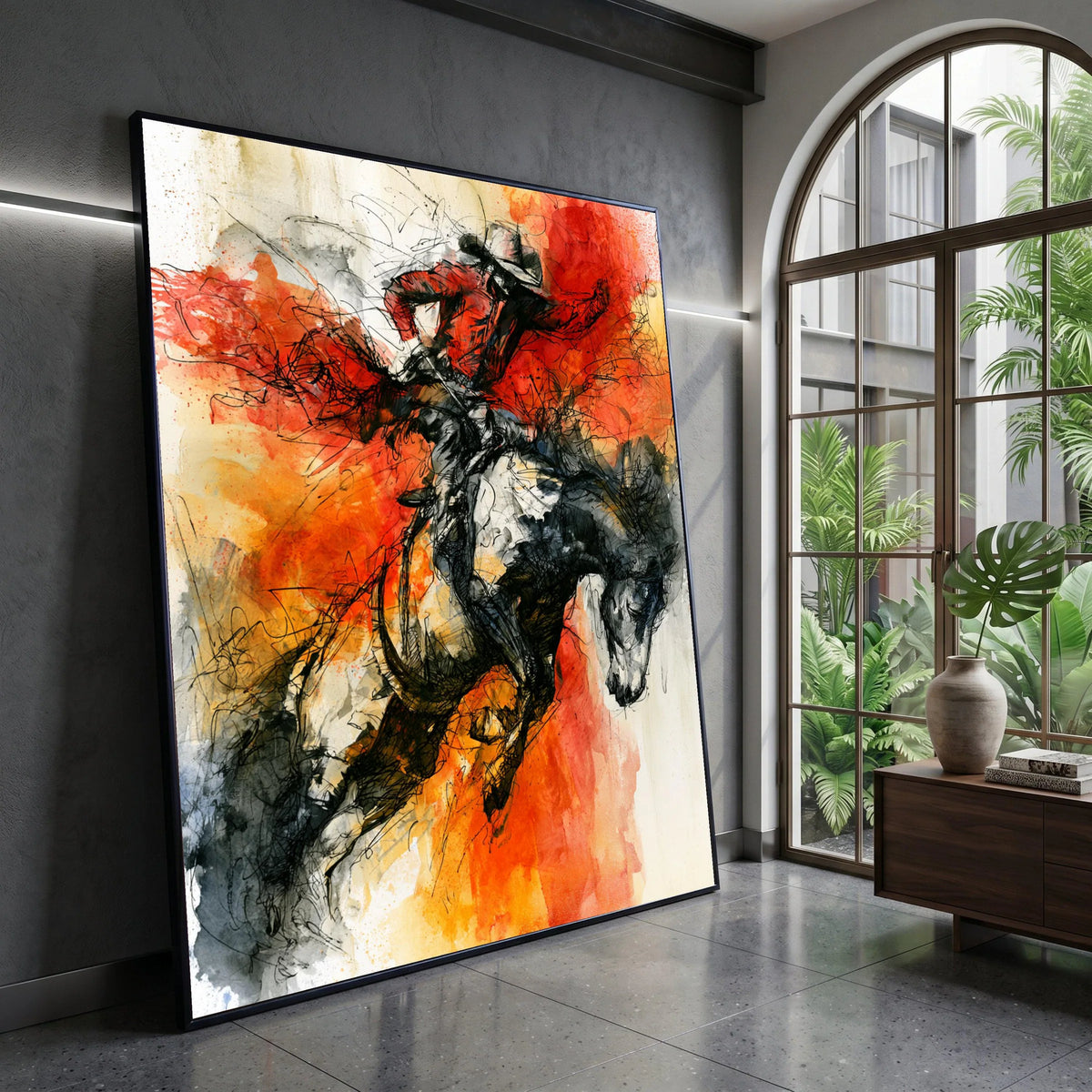 Dynamic Rodeo Rider Canvas Wall Art, Western Cowboy Horse Illustration, Bold Red Orange Abstract Art, Energetic Home Canvas Print Art