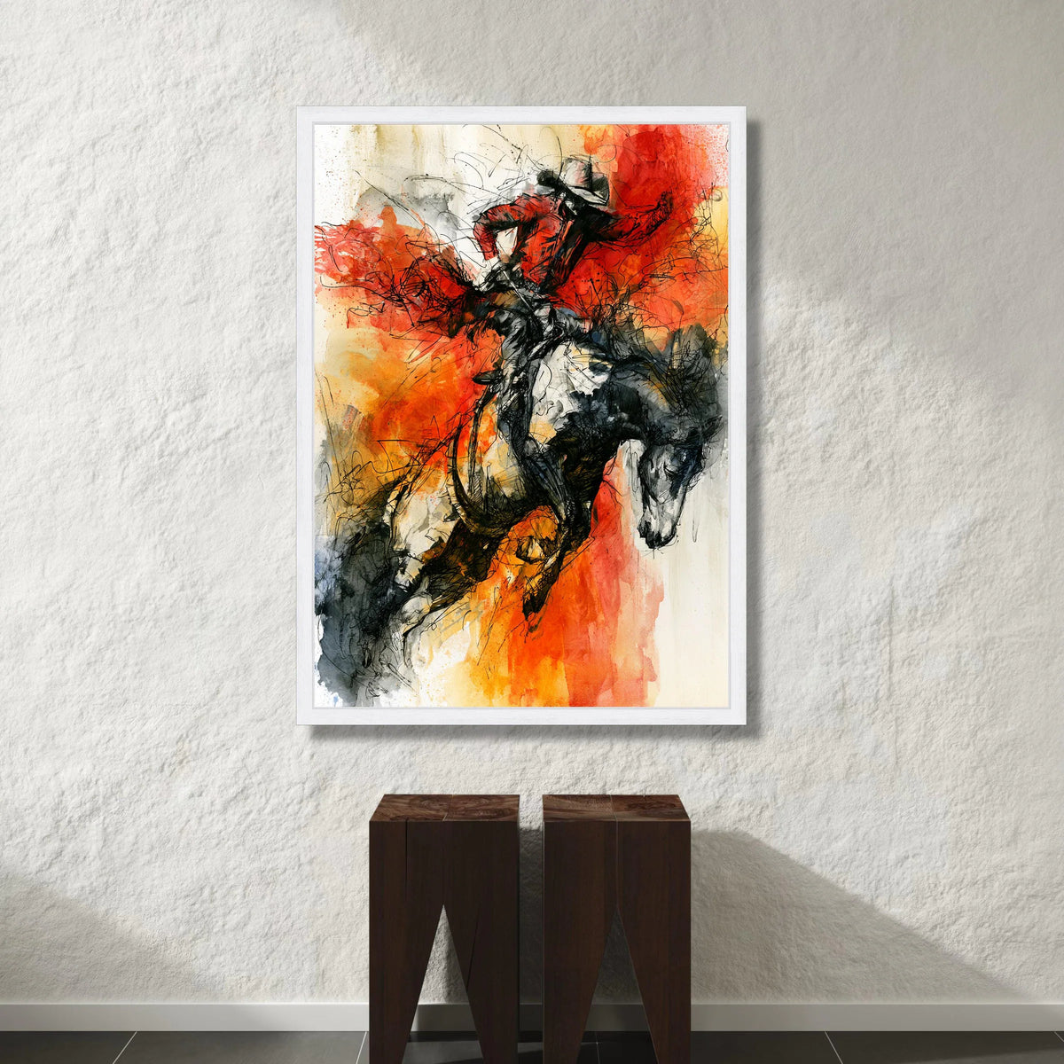 Dynamic Rodeo Rider Canvas Wall Art, Western Cowboy Horse Illustration, Bold Red Orange Abstract Art, Energetic Home Canvas Print Art