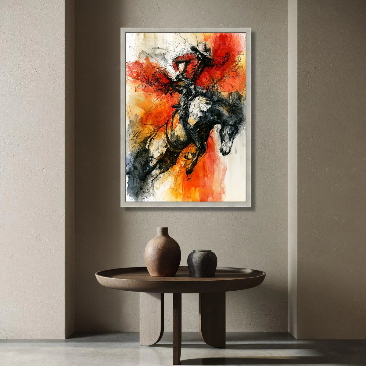 Dynamic Rodeo Rider Canvas Wall Art, Western Cowboy Horse Illustration, Bold Red Orange Abstract Art, Energetic Home Canvas Print Art