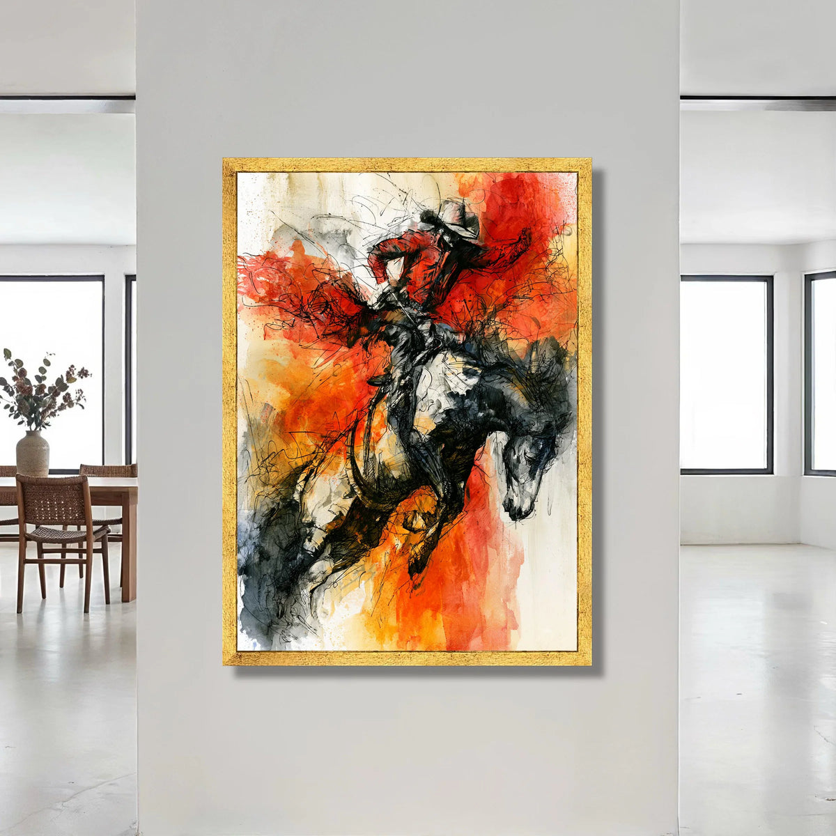 Dynamic Rodeo Rider Canvas Wall Art, Western Cowboy Horse Illustration, Bold Red Orange Abstract Art, Energetic Home Canvas Print Art