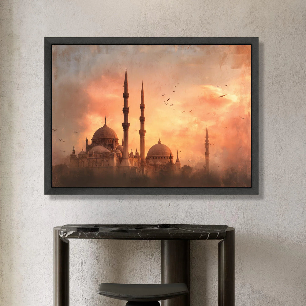 Sunset Silhouette Mosque Canvas, Islamic Architecture Wall Art, Minaret Skyline Canvas, Warm Evening Scene, Decorative Home Canvas Print Art