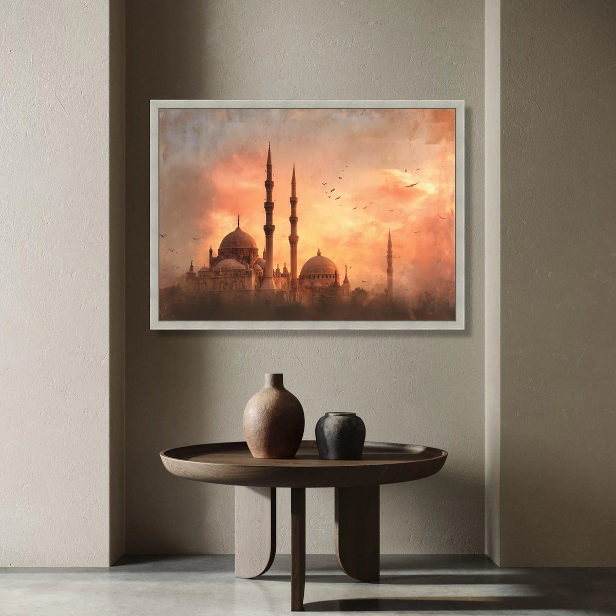 Sunset Silhouette Mosque Canvas, Islamic Architecture Wall Art, Minaret Skyline Canvas, Warm Evening Scene, Decorative Home Canvas Print Art