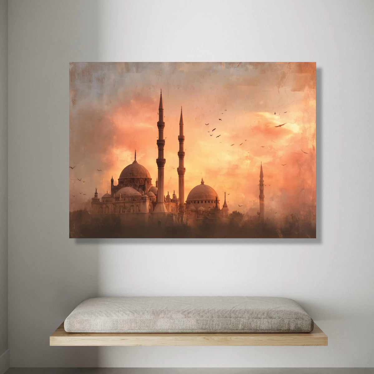 Sunset Silhouette Mosque Canvas, Islamic Architecture Wall Art, Minaret Skyline Canvas, Warm Evening Scene, Decorative Home Canvas Print Art