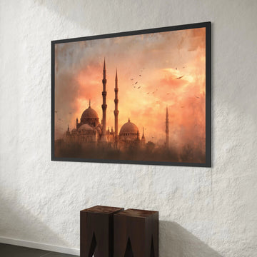 Sunset Silhouette Mosque Canvas, Islamic Architecture Wall Art, Minaret Skyline Canvas, Warm Evening Scene, Decorative Home Canvas Print Art