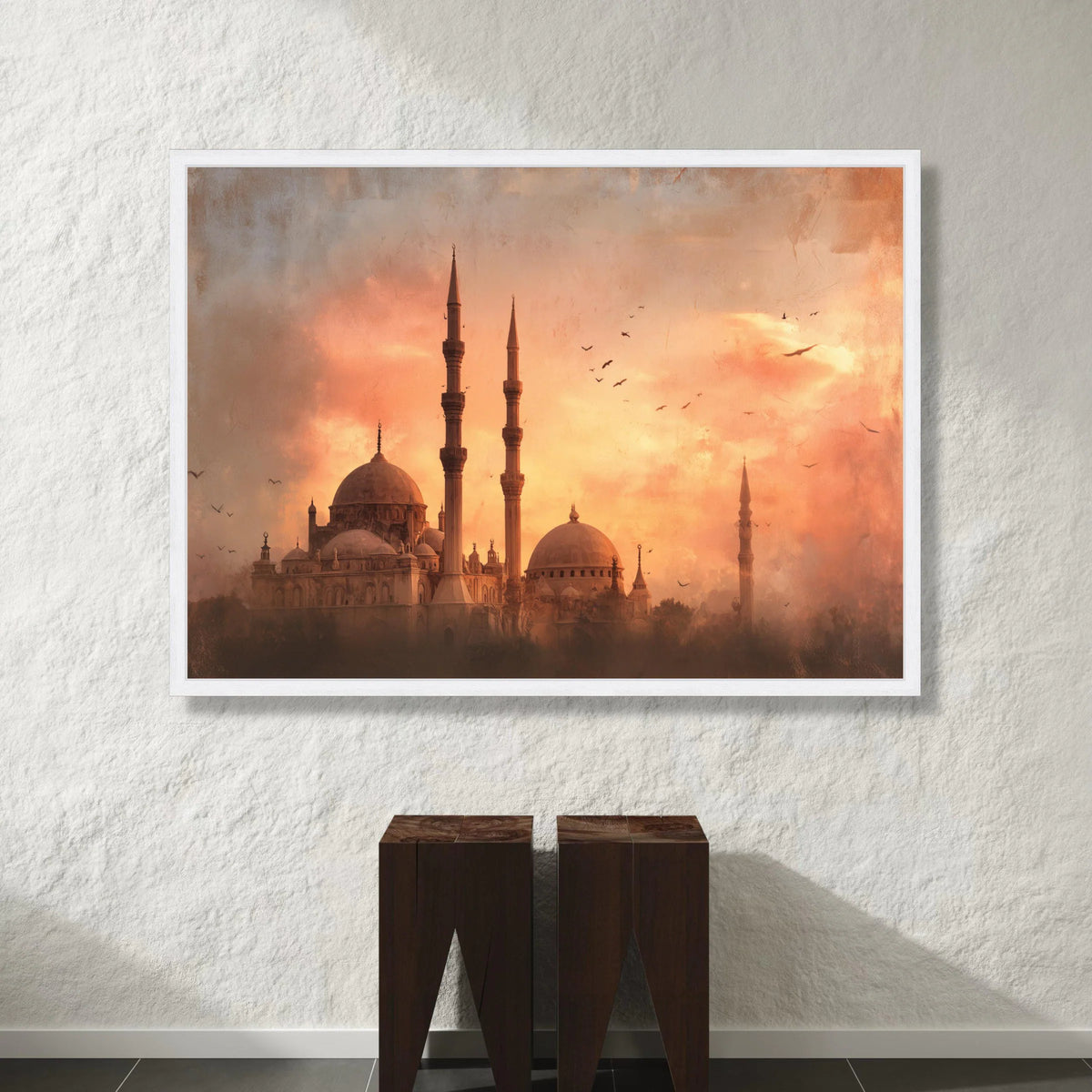 Sunset Silhouette Mosque Canvas, Islamic Architecture Wall Art, Minaret Skyline Canvas, Warm Evening Scene, Decorative Home Canvas Print Art