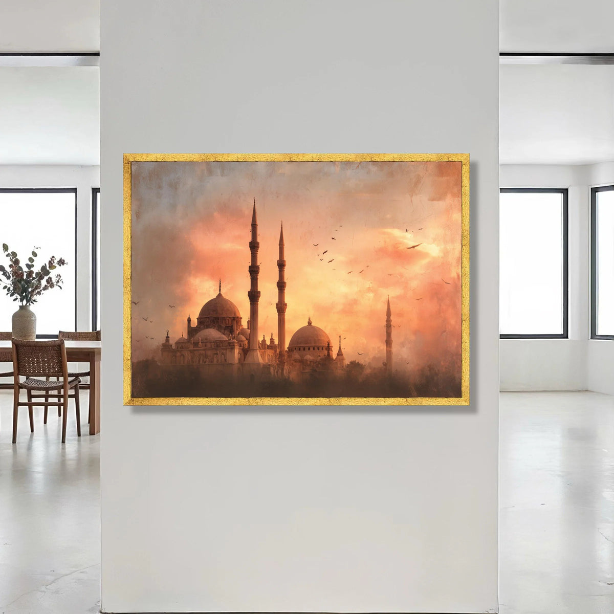 Sunset Silhouette Mosque Canvas, Islamic Architecture Wall Art, Minaret Skyline Canvas, Warm Evening Scene, Decorative Home Canvas Print Art