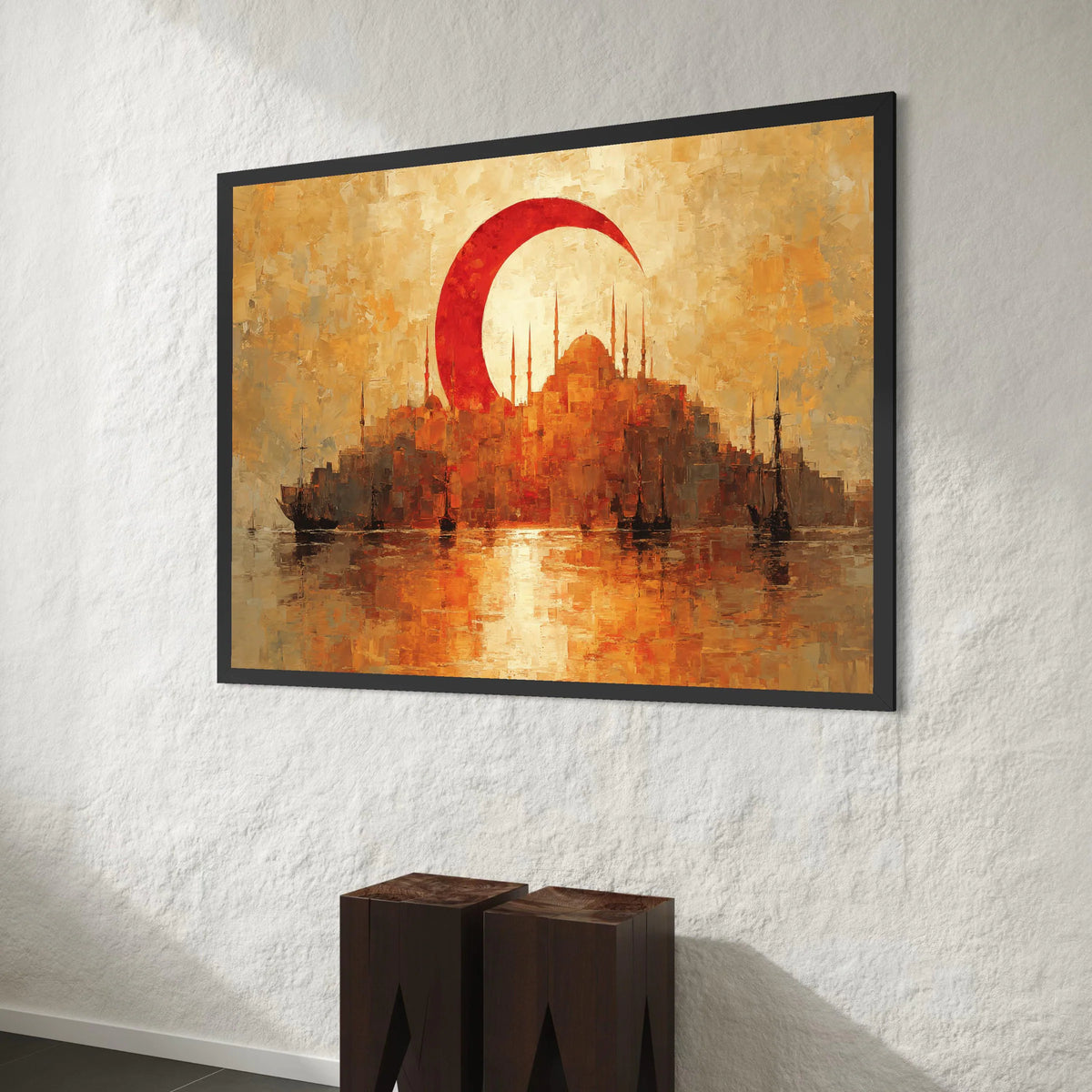 Istanbul Skyline Canvas Wall Art, Red Crescent Moon, Turkish Cityscape Painting, Sunset Harbor Scene, Nautical Wall Decor, Canvas Print Art