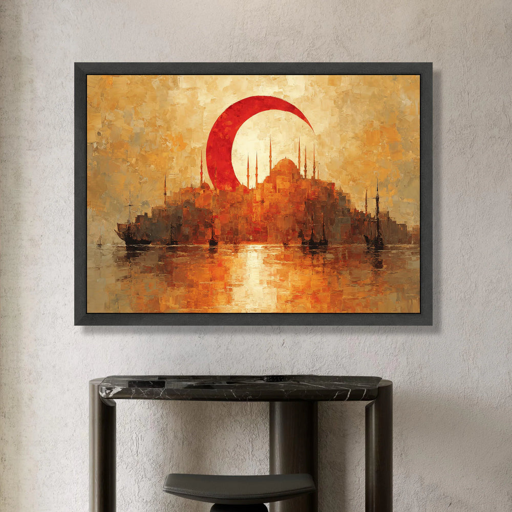 Istanbul Skyline Canvas Wall Art, Red Crescent Moon, Turkish Cityscape Painting, Sunset Harbor Scene, Nautical Wall Decor, Canvas Print Art