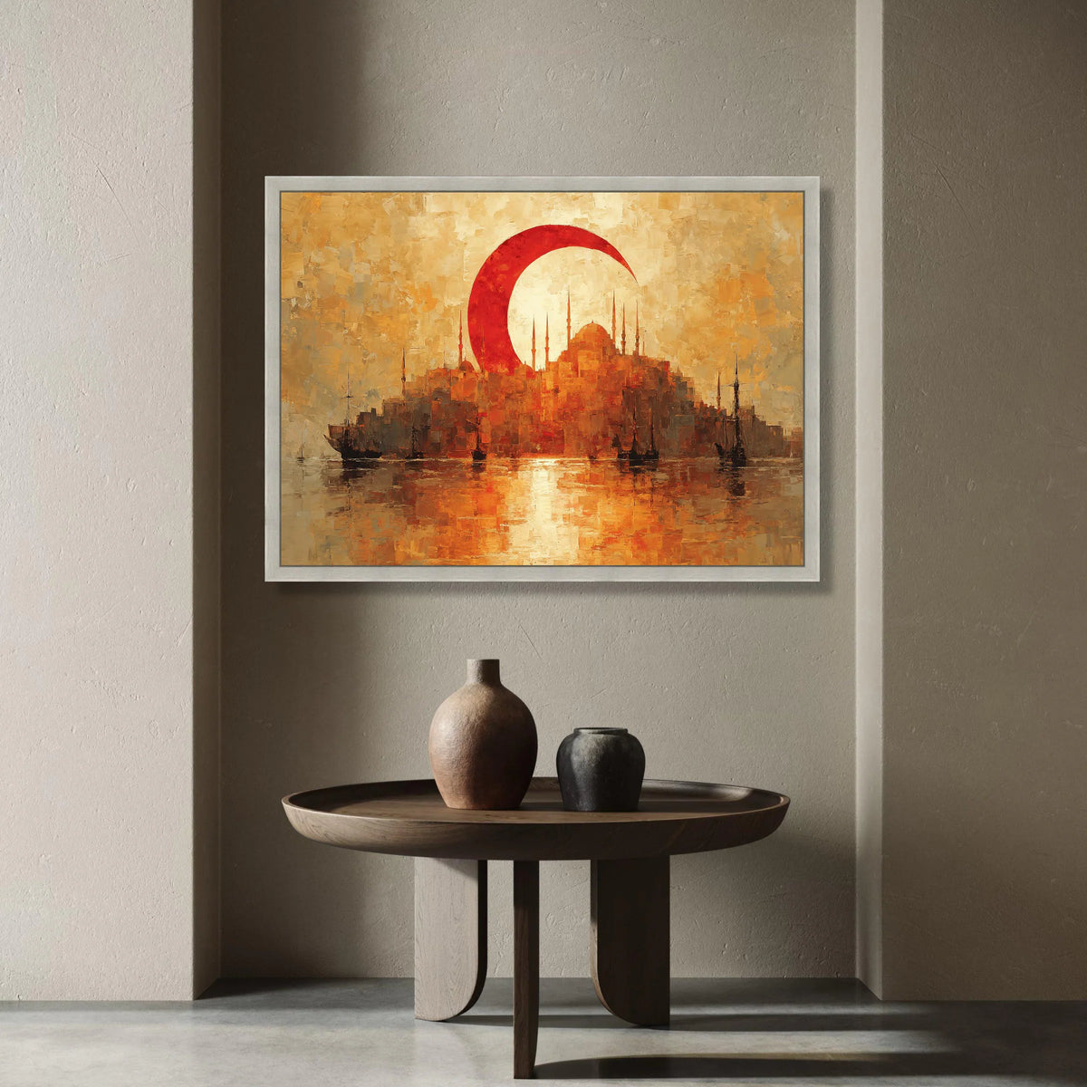 Istanbul Skyline Canvas Wall Art, Red Crescent Moon, Turkish Cityscape Painting, Sunset Harbor Scene, Nautical Wall Decor, Canvas Print Art