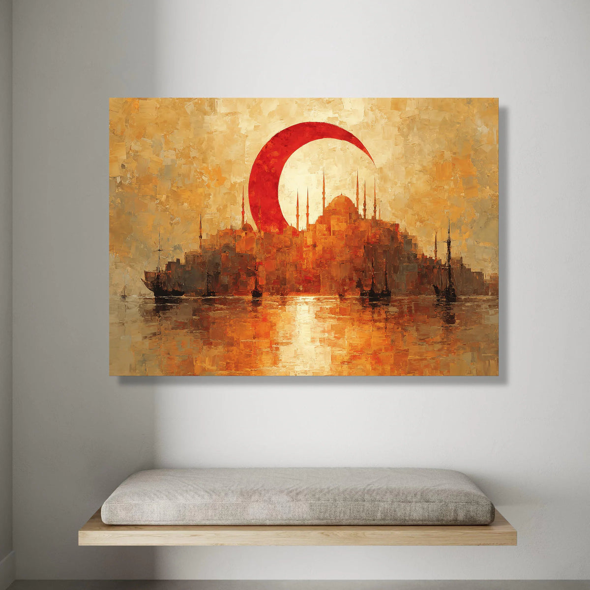 Istanbul Skyline Canvas Wall Art, Red Crescent Moon, Turkish Cityscape Painting, Sunset Harbor Scene, Nautical Wall Decor, Canvas Print Art