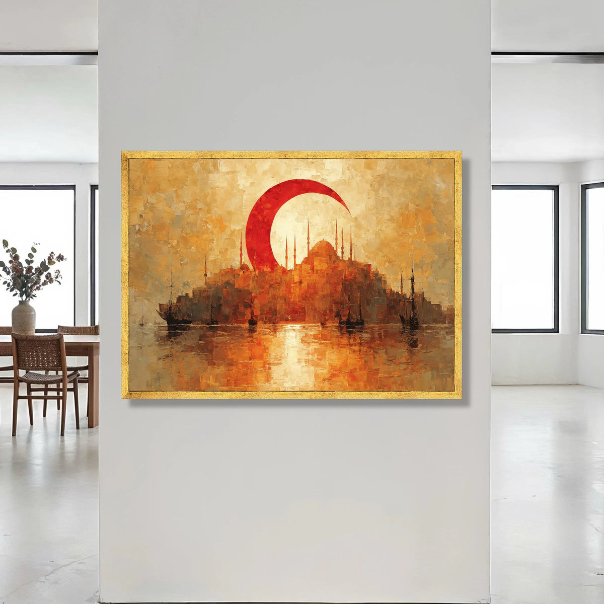Istanbul Skyline Canvas Wall Art, Red Crescent Moon, Turkish Cityscape Painting, Sunset Harbor Scene, Nautical Wall Decor, Canvas Print Art