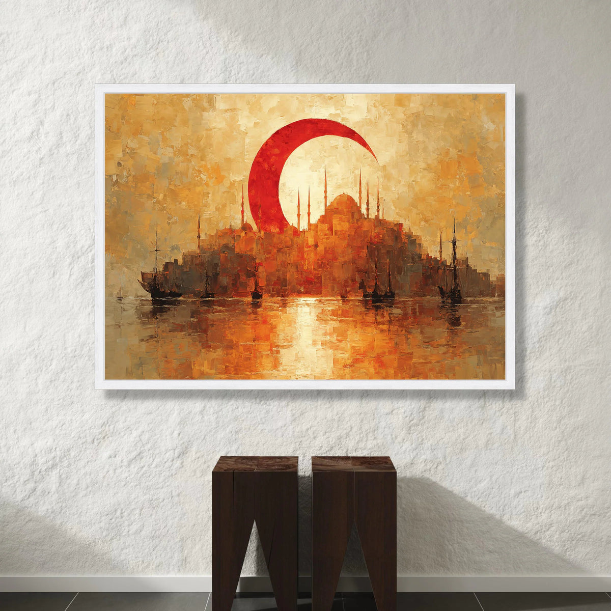 Istanbul Skyline Canvas Wall Art, Red Crescent Moon, Turkish Cityscape Painting, Sunset Harbor Scene, Nautical Wall Decor, Canvas Print Art